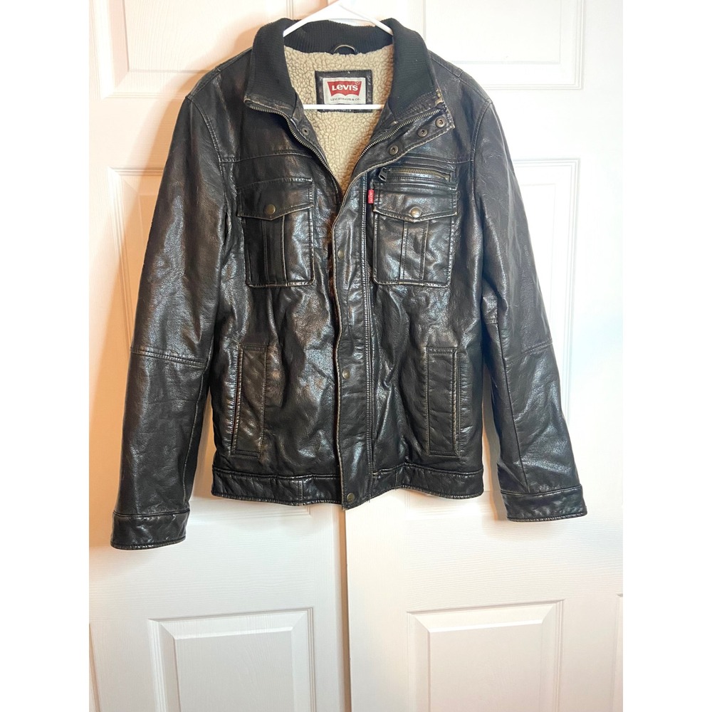 Levis Mens Faux Leather Sherpa Lined Trucker Jacket Brown Full Zip M